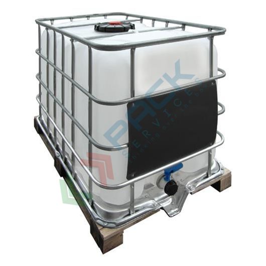 Cisterna IBC 640 Litri in plastica, rigenerata con otre NUOVA, coperchio 225 mm, valvola di scarico 2", pallet in legno, colore neutro