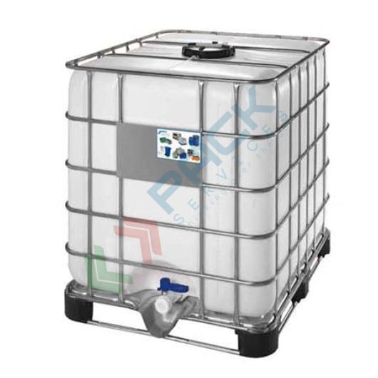 Cisterna IBC 1000 Litri in plastica, rigenerata con otre NUOVA, coperchio 150 mm, valvola di scarico 2", pallet in metallo, colore neutro