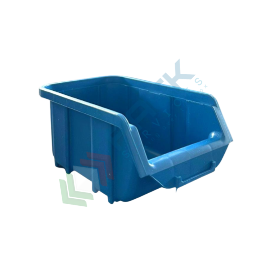 Contenitore bocca di lupo sovrapponibile, in plastica (PP), capacità 0,75 Litri, Mis. 100 L x 163 P x 72 H mm, con linguetta posteriore, colore blu