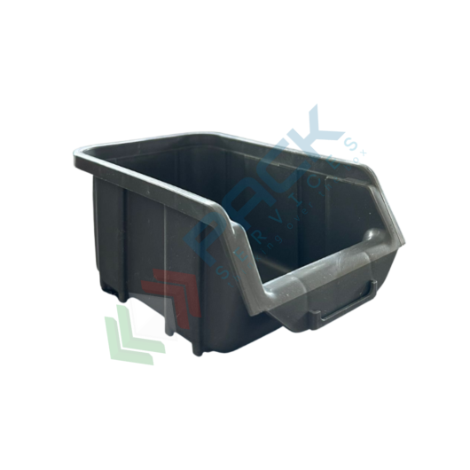 Contenitore bocca di lupo sovrapponibile, in plastica (PP), capacità 0,75 Litri, Mis. 100 L x 163 P x 72 H mm, con linguetta posteriore, colore grigio