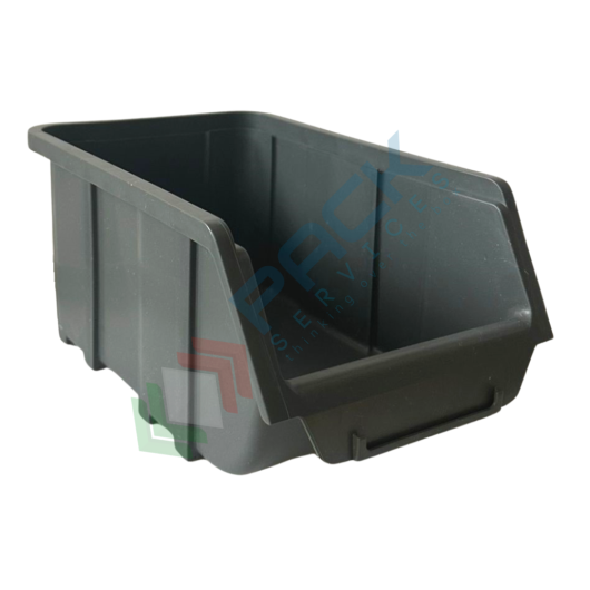 Contenitore bocca di lupo sovrapponibile, in plastica (PP), capacità 5,25 Litri, Mis. 184 L x 304 P x 129 H mm, con linguetta posteriore, colore grigio