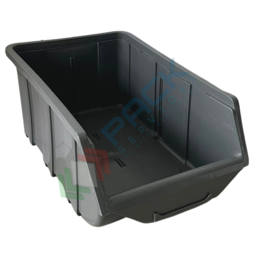 Contenitore bocca di lupo sovrapponibile, in plastica (PP), capacità 8,75 Litri, Mis. 219 L x 368 P x 148 H mm, con linguetta posteriore, colore grigio