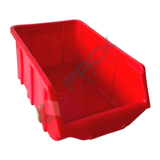 Contenitore bocca di lupo sovrapponibile, in plastica (PP), capacità 8,75 Litri, Mis. 219 L x 368 P x 148 H mm, con linguetta posteriore, colore rosso