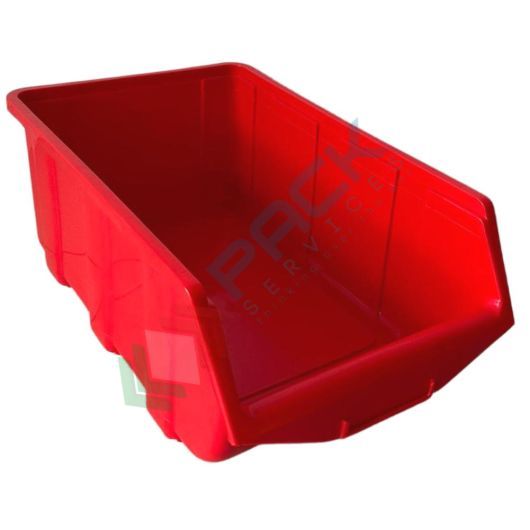 Contenitore bocca di lupo sovrapponibile, in plastica (PP), capacità 15 Litri, Mis. 264 L x 434 P x 168 H mm, con linguetta posteriore, colore rosso