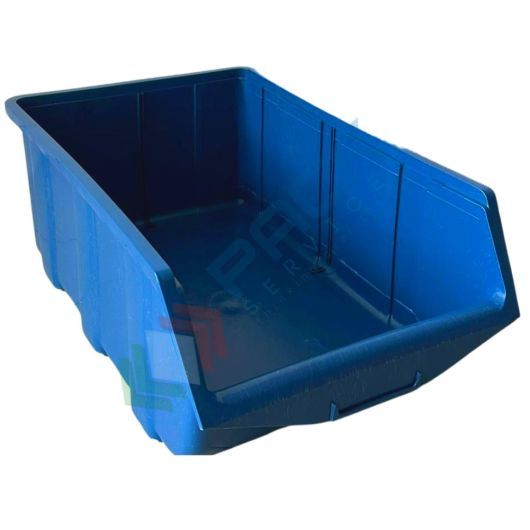 Contenitore bocca di lupo sovrapponibile, in plastica (PP), capacità 25 Litri, Mis. 314 L x 505 P x 191 H mm, con linguetta posteriore, colore blu