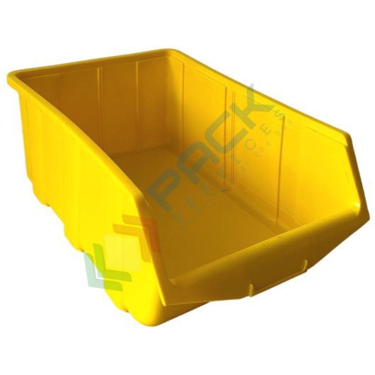 Contenitore bocca di lupo sovrapponibile, in plastica (PP), capacità 25 Litri, Mis. 314 L x 505 P x 191 H mm, con linguetta posteriore, colore giallo