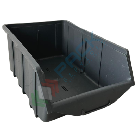 Contenitore bocca di lupo sovrapponibile, in plastica (PP), capacità 25 Litri, Mis. 314 L x 505 P x 191 H mm, con linguetta posteriore, colore grigio