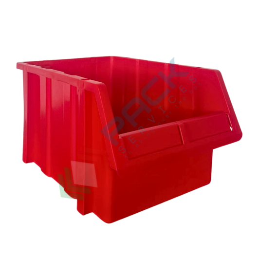 Cassa bocca di lupo in plastica (PP), sovrapponibile e componibile, capacità 15 Lt, Mis. 253 L x 402 P x 200 H mm, colore rosso