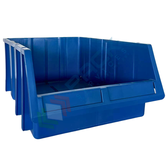Cassa bocca di lupo in plastica (PP), sovrapponibile e componibile, capacità 26 Lt, Mis. 340 L x 503 P x 200 H mm, colore blu