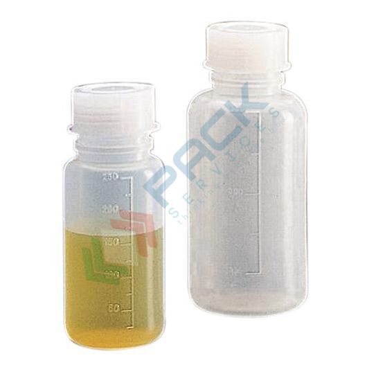 Bottiglia in plastica (PE), cilindrica a collo largo, capacità 500 ml, chiusura a vite normalizzato (tappo incluso)
