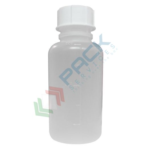 Bottiglia in plastica (PP), cilindrica a collo largo, capacità 500 ml, chiusura a vite normalizzato (tappo incluso)