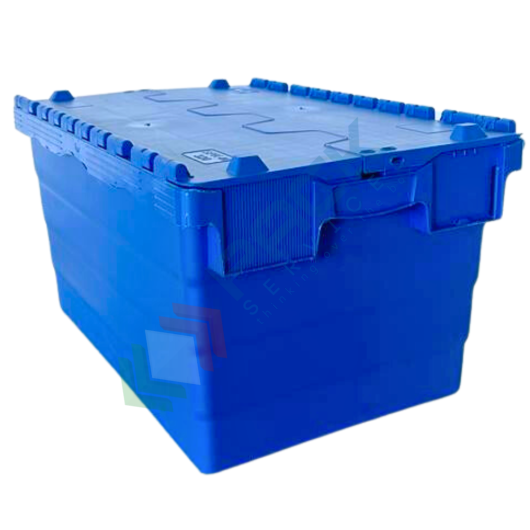 Cassetta in plastica (PP) sovrapponibile ed inseribile, capacità 60 Lt, Mis. 600 L x 400 P x 320 H mm, con coperchio integrato