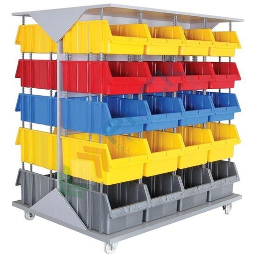 [PSSBL-C040T] Carrello con tettoia composto da 40 cassette in plastica bocca di lupo, realizzato in metallo/legno, Mis. 1400 L x 1040 P x 1600 H mm, base 4 ruote