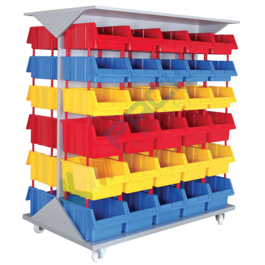 Carrello con tettoia composto da 60 cassette in plastica bocca di lupo, realizzato in metallo/legno, Mis. 1320 L x 820 P x 1610 H mm, base 4 ruote