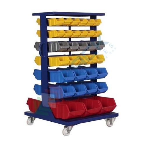 [PSSBL-C066T] Carrello con tettoia composto da 66 cassette in plastica bocca di lupo, realizzato in metallo/legno, Mis. 650 L x 750 P x 1190 H mm, base 4 ruote