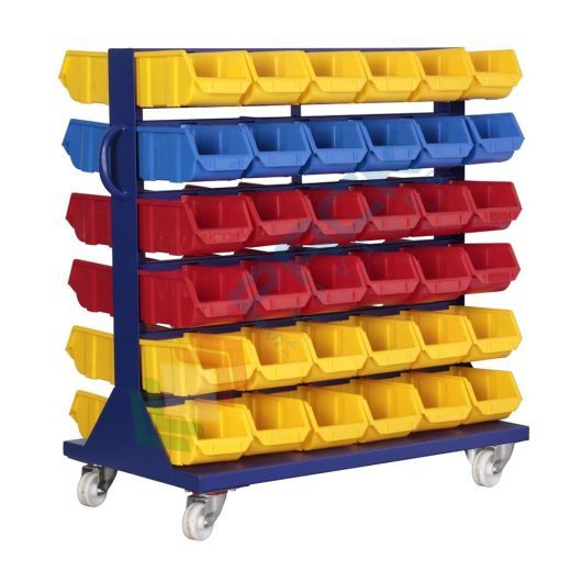 [PSSBL-C072S] Carrello composto da 72 cassette in plastica bocca di lupo, realizzato in metallo/legno, Mis. 900 L x 530 P x 1100 H mm, base 4 ruote