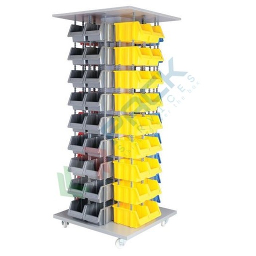 [PSSBL-C072T] Carrello con tettoia composto da 72 cassette in plastica bocca di lupo (posizionate su 4 lati), realizzato in metallo/legno, Mis. 820 L x 820 P x 1940 H mm, base 4 ruote