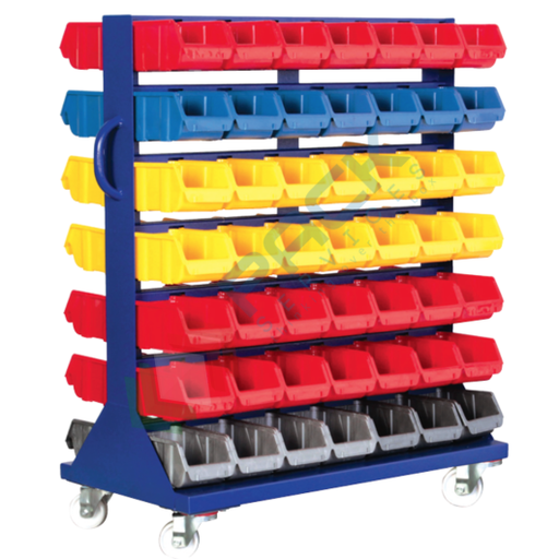 [PSSBL-C098S] Carrello composto da 98 cassette in plastica bocca di lupo, realizzato in metallo/legno, Mis. 900 L x 460 P x 1100 H mm, base 4 ruote