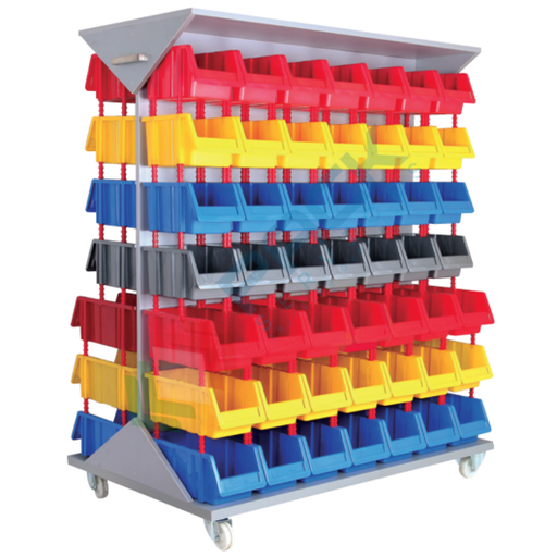 [PSSBL-C098T] Carrello con tettoia composto da 98 cassette in plastica bocca di lupo, realizzato in metallo/legno, Mis. 1260 L x 820 P x 1660 H mm, base 4 ruote