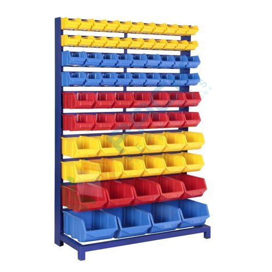 Scaffale composto da 75 cassette in plastica bocca di lupo, realizzato in metallo/legno, Mis. 1080 L x 470 P x 1600 H mm