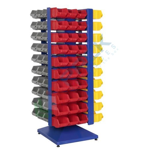 Scaffale con piantana composto da 120 cassette in plastica bocca di lupo, realizzato in metallo/legno, Mis. 710 L x 710 P x 1750 H mm