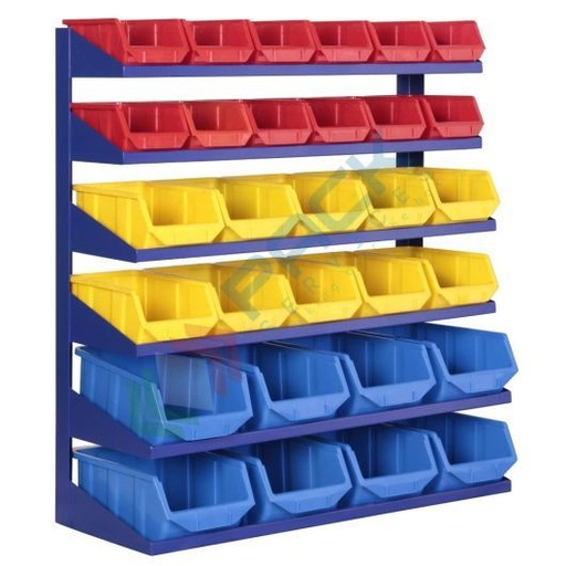 [PSSBL-MET017] Scaffale composto da 30 cassette in plastica bocca di lupo, realizzato in metallo/legno, Mis. 900 L x 380 P x 1040 H mm, con appoggio a terra