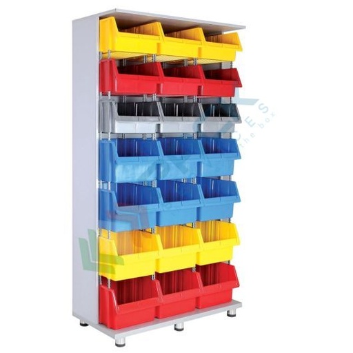 [PSSBL-S021A] Armadio composto da 21 cassette in plastica bocca di lupo, realizzato in metallo/legno, Mis. 1070 L x 510 P x 2000 H mm, base con piedini