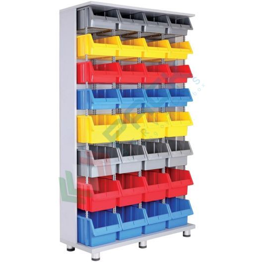 [PSSBL-S032A] Armadio composto da 32 cassette in plastica bocca di lupo, realizzato in metallo/legno, Mis. 1070 L x 400 P x 1850 H mm, base con piedini