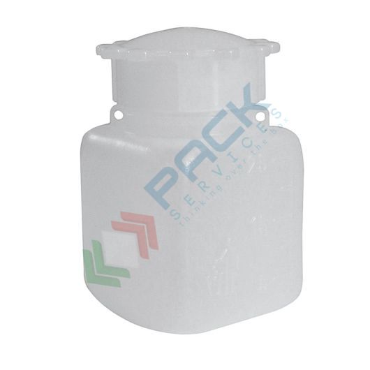 [RCL0025] Bottiglia in plastica (PE) rettangolare a collo largo, graduata, capacità 25 ml, chiusura con tappo a vite e sottotappo (tappo incluso)