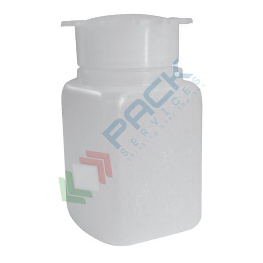 [RCL0050] Bottiglia in plastica (PE) rettangolare a collo largo, graduata, capacità 50 ml, chiusura con tappo a vite e sottotappo (tappo incluso)