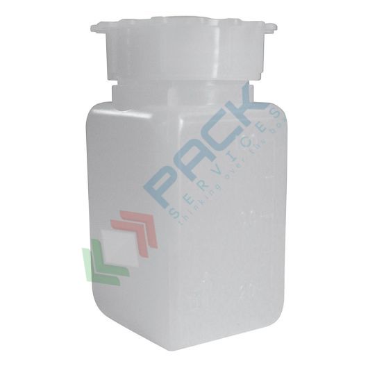 [RCL0100] Bottiglia in plastica (PE) rettangolare a collo largo, graduata, capacità 100 ml, chiusura con tappo a vite e sottotappo (tappo incluso)