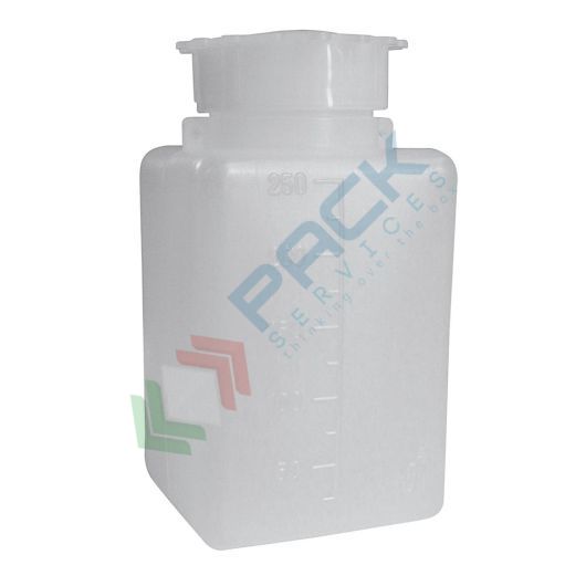 [RCL0250] Bottiglia in plastica (PE) rettangolare a collo largo, graduata, capacità 250 ml, chiusura con tappo a vite e sottotappo (tappo incluso)