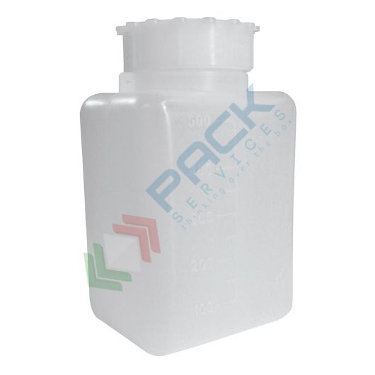 [RCL0500] Bottiglia in plastica (PE) rettangolare a collo largo, graduata, capacità 500 ml, chiusura con tappo a vite e sottotappo (tappo incluso)