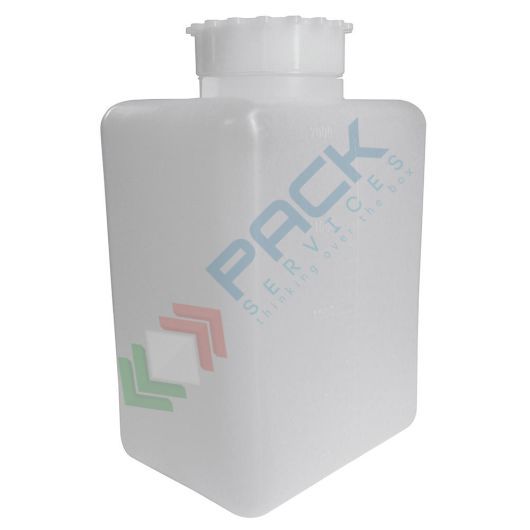 [RCL2000] Bottiglia in plastica (PE) rettangolare a collo largo, graduata, capacità 2000 ml, chiusura con tappo a vite e sottotappo (tappo incluso)