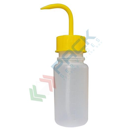 Bottiglia in plastica (PE) a spruzzetta (inclusa), capacità 250 ml, modello integrale con tappo GL45 giallo