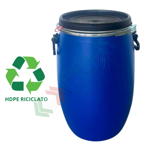 Fusto in plastica riciclata (HDPE) ad apertura totale, rotondo, capacità 60 Lt, non ADR/ONU, per solidi