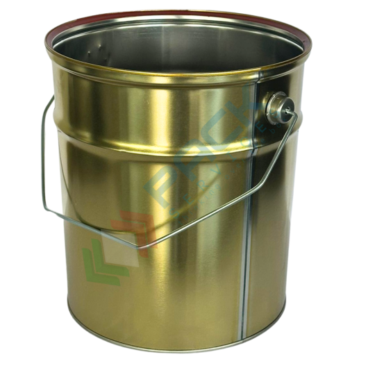 Secchiello in metallo conico Mis. Ø 180 x 219 H mm, capacità nominale 5 Lt, omologato ONU per liquidi, con manico in ferro, corpo oro - interno grezzo