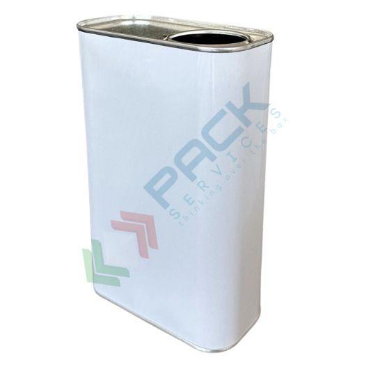 Lattina in metallo rettangolare, Mis. 115 L x 59 P x 182 H mm, capacità nominale 1 Lt, capacità totale 1,17 Lt, bocca Ø 42 mm, omologata ADR/ONU, bianco int. grezzo (tappo dosatore non incluso)