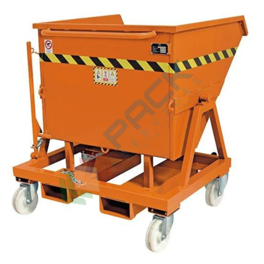 [BENT-4RU0400A] Benna ribaltabile con ruote, in acciaio, capacità 400 Lt, svuotamento manuale e con muletto, arancio RAL 2004