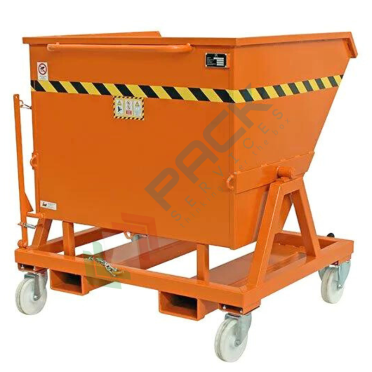 [BENT-4RU0675A] Benna ribaltabile con ruote, in acciaio, capacità 675 Lt, svuotamento manuale e con muletto, arancio RAL 2004