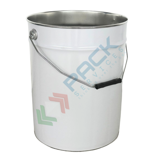 Secchiello in metallo conico Mis. Ø 292 x 365 H mm, capacità nominale 20 Lt, capacità totale 21,5 Lt, omologato ONU per liquidi, con manico in ferro, interno grezzo