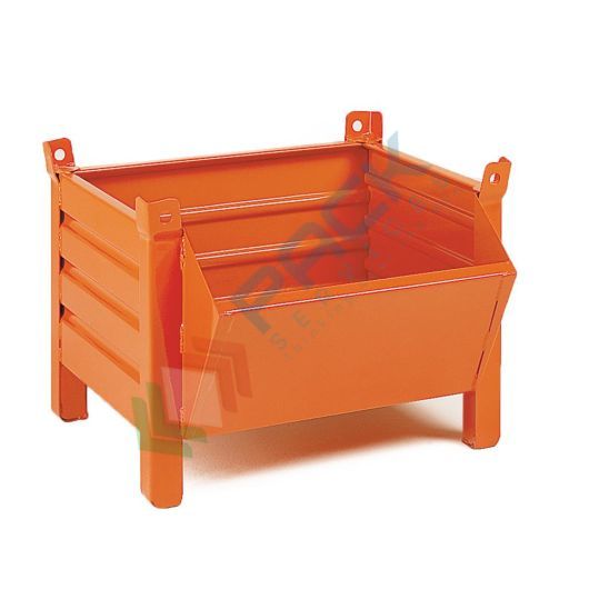 [PACKBC-4P170A] Contenitore in lamiera bocca di lupo con piedini, Mis. 800 L x 600 P x 605 H mm, portata 600 Kg, colore arancio RAL 2004