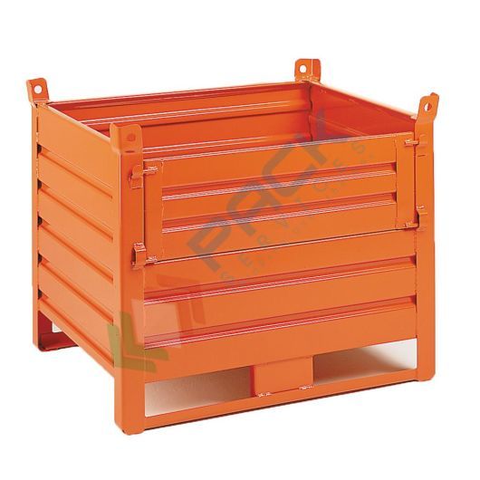 Contenitore in lamiera con slitte lato lungo e anta in lamiera, Mis. 1000 L x 800 P x 995 H mm, portata 1000 Kg, colore arancio RAL 2004
