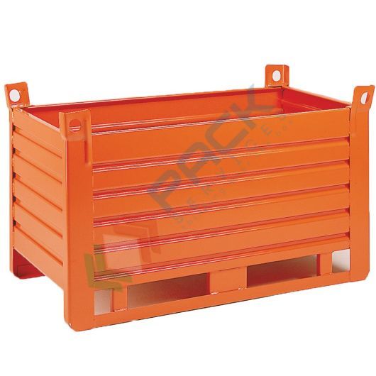 Contenitore in lamiera con slitte lato lungo, Mis. 1500 L x 800 P x 910 H mm, portata 1500 Kg, colore arancio RAL 2004