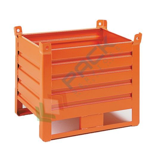 [PACKM-SL165A] Contenitore in lamiera con slitte lato lungo, Mis. 800 L x 600 P x 605 H mm, portata 800 Kg, colore arancio RAL 2004