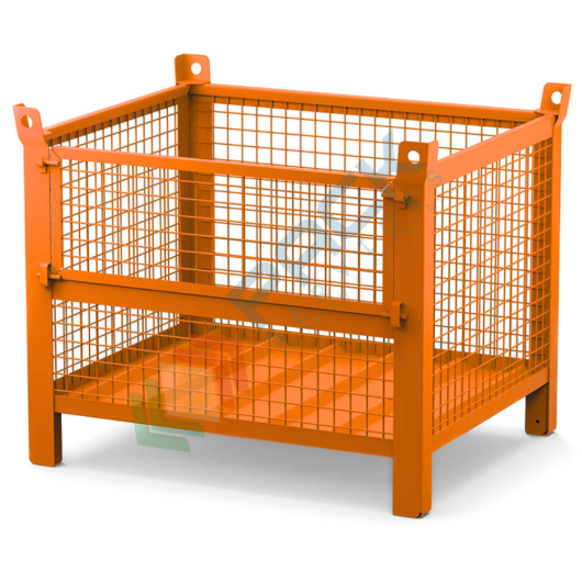 Contenitore in rete di lamiera con piedini e anta, Mis. 1000 L x 800 P x 995 H mm, portata 800 Kg, colore arancio RAL 2004