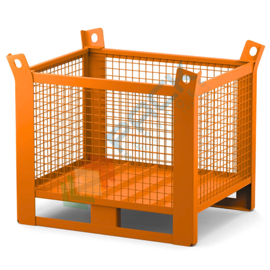 Contenitore in rete di lamiera con slitte lato lungo, Mis. 1200 L x 800 P x 900 H mm, portata 1500 Kg, colore arancio RAL 2004