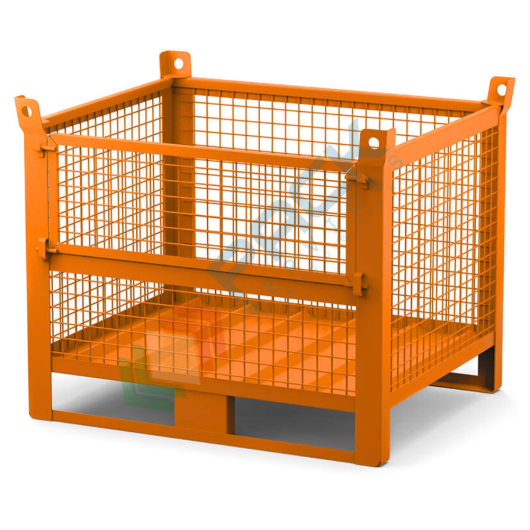 [PACKR-SL220A] Contenitore in rete di lamiera con slitte lato lungo e anta, Mis. 1200 L x 1000 P x 995 H mm, portata 1000 Kg, colore arancio RAL 2004