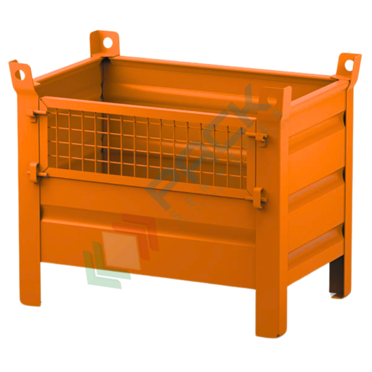 Contenitore in lamiera con piedini e anta in rete, Mis. 800 L x 500 P x 695 H mm, portata 600 Kg, colore arancio RAL 2004