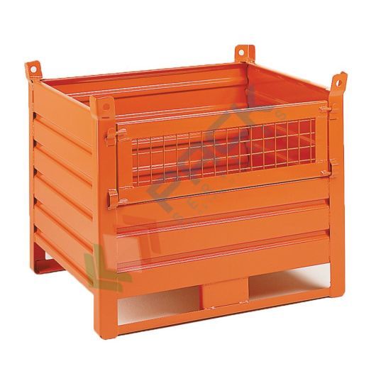 Contenitore in lamiera con slitte lato lungo e anta in rete, Mis. 1000 L x 800 P x 695 H mm, portata 1000 Kg, colore arancio RAL 2004